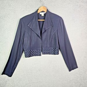 Betsys Things Cropped Navy Blue Jacket Size 10 Embroidered Hem Vintage